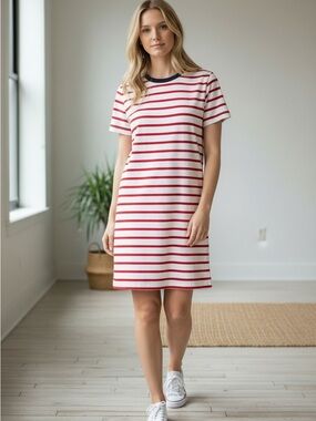 JCREW SZL NWTCasual Red and White Striped Tee Dress with Navy Trim